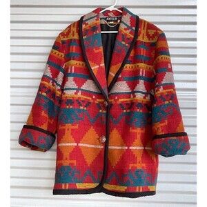Jofeld Coat Womens MEDIUM Blue Red Orange Southwestern Navajo Aztec Wool